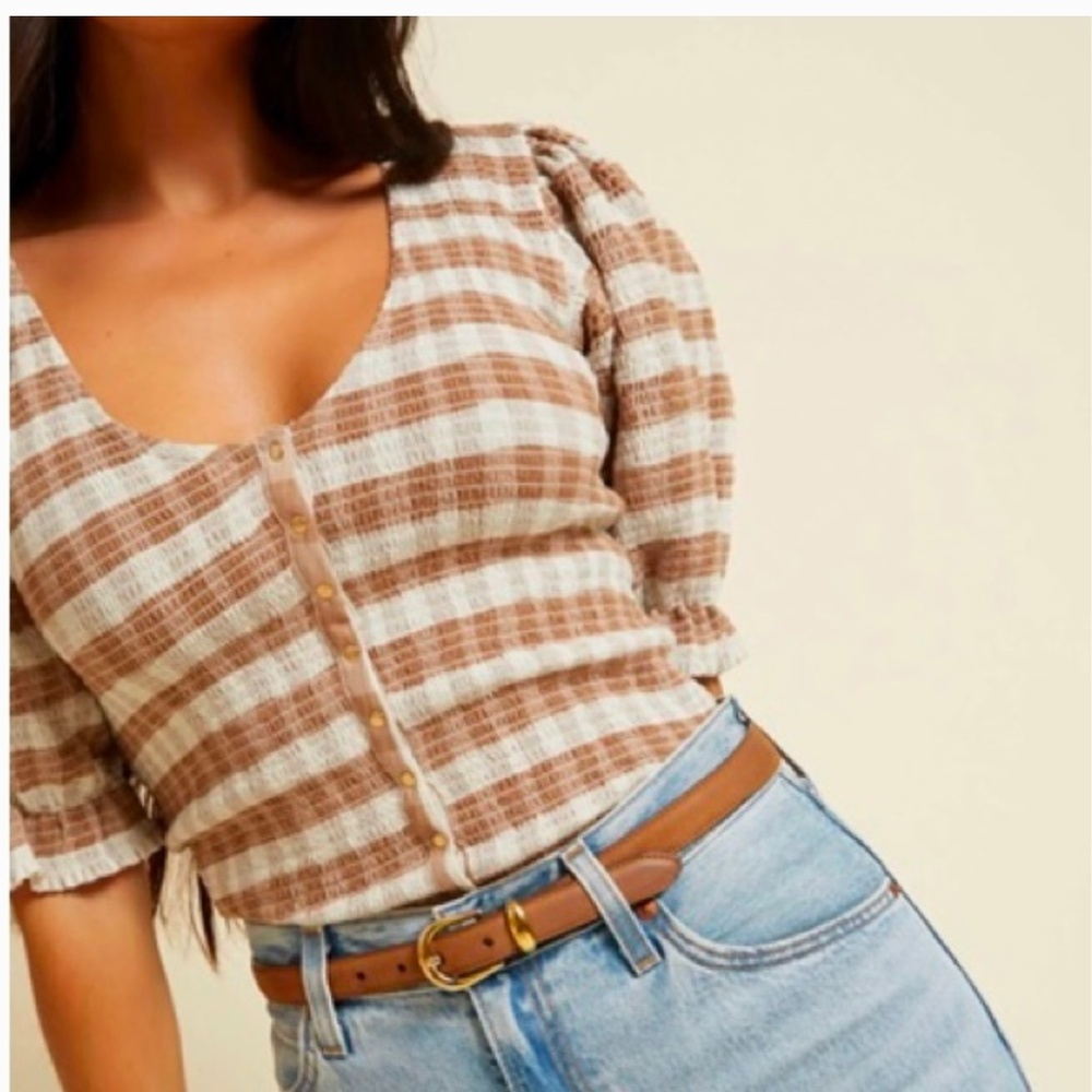 Nation LTD Brown and White Striped Button Front Puff Sleeve Top